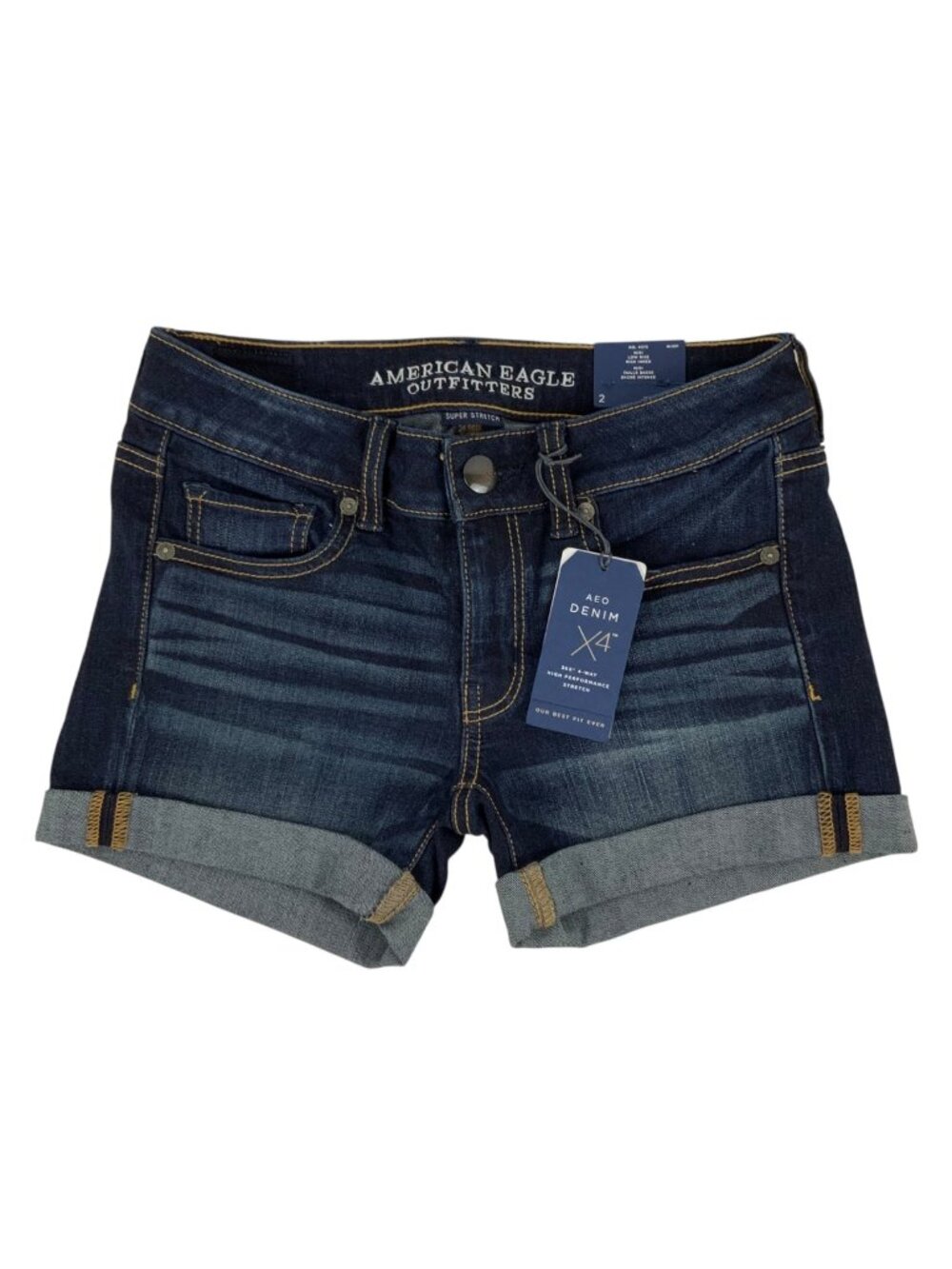 American Eagle Womens Super Stretch Low Rise Cuffed Midi Shorts Size 2 Dark Wash